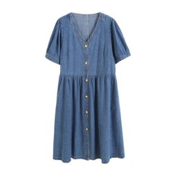 Loose and slim V-neck denim dress