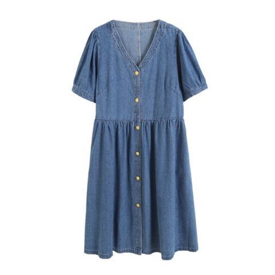 Loose and slim V-neck denim dress Loose and slim V-neck denim dress