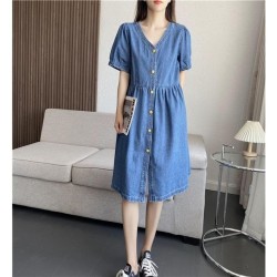 Loose and slim V-neck denim dress