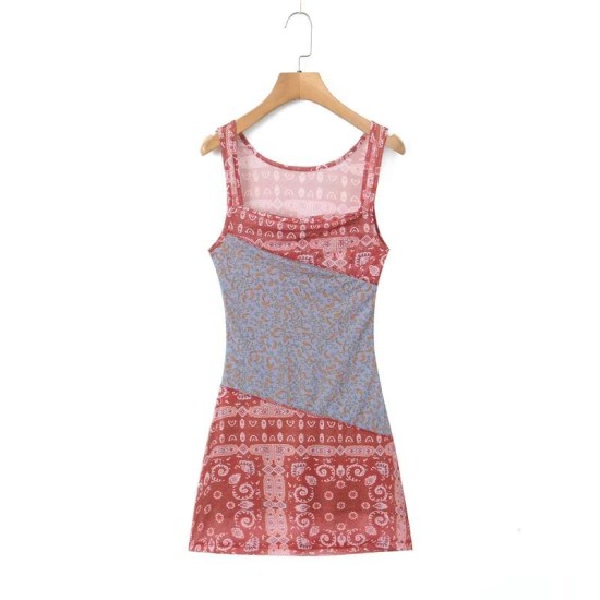 French retro patchwork printed chiffon dress French retro patchwork printed chiffon dress