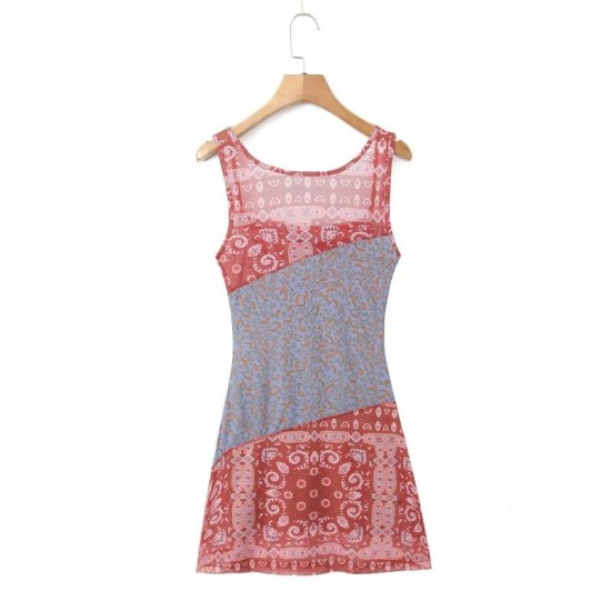 French retro patchwork printed chiffon dress French retro patchwork printed chiffon dress